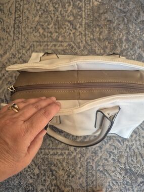 Classic Black Rivet Cream Satchel with Taupe Trim And a Gorgeous Floral Lining.